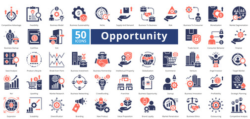 Opportunity icon set contains 50 icons including, risk, business to consumer, monetization, market segmentation, business startup, cashflow, exit, trade secret, simple vector mixed duotone style
