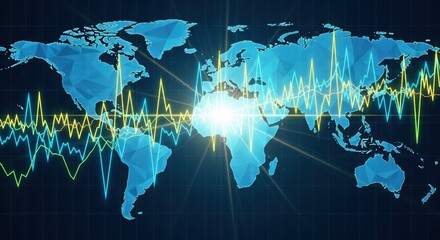 Global financial markets data visualization with a world map overlay and vertical bar chart representing economic activity and growth