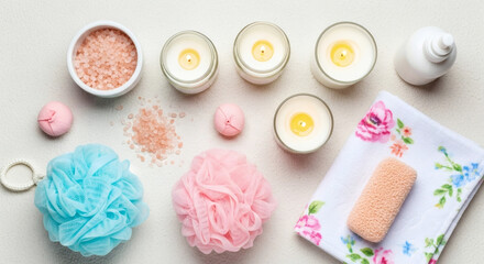 Relaxing spa arrangement with bath bombs, candles and towels for self-care