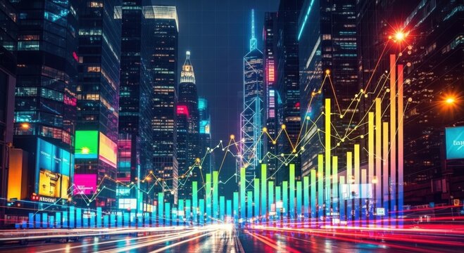 Vibrant cityscape at night showcasing a digitalized financial market with glowing abstract bar graphs representing economic growth and innovation
