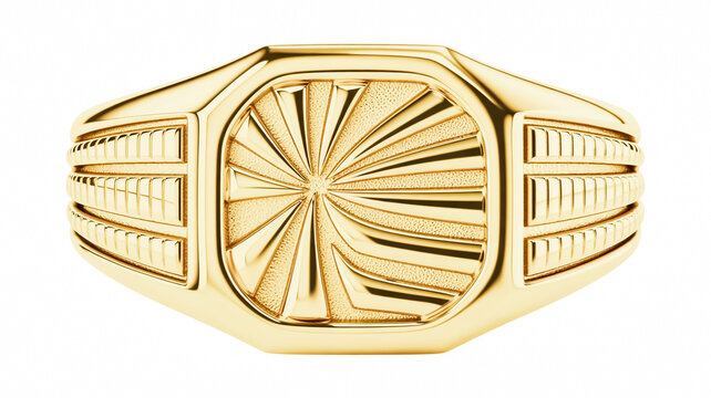 the ring features a textured center design with a starburst pattern and diagonal lines.
