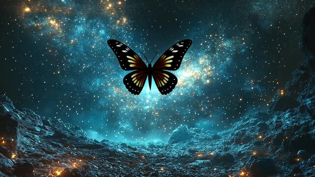 Enchanting Butterfly Amidst the Cosmic Landscape with Glowing Stars