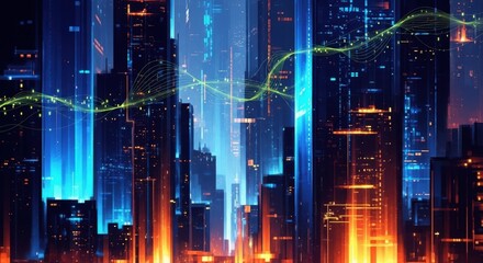 Futuristic cityscape with vibrant neon lights and glowing data streams symbolizing technological advancement and global connectivity in the digital age