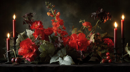Floral composition with red flowers and candles 