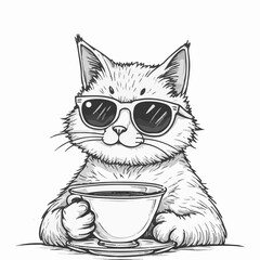 Cute cartoon kitten in a cup with coffee, a funny domestic animal sketch illustration