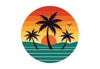 Naklejka premium Retro Tropical Sunset Illustration with Palm Trees and Ocean View Aesthetic Background for Summer Vibes