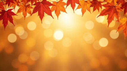 Fototapeta premium Vibrant autumn leaves create warm atmosphere with golden sunlight and soft bokeh in background, evoking sense of tranquility and beauty