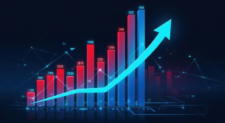 Glowing blue arrow ascends through vibrant red and blue bar graph indicating strong upward financial growth and positive market trends