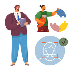 Businessman writing on clipboard, man assembling puzzle pieces, biometric face recognition approval. Ideal for teamwork, problem-solving, identity, collaboration, verification, innovation simple