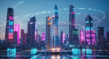 Futuristic cityscape bathed in vibrant neon lights showcasing towering skyscrapers connected by glowing energy circuits under a twilight sky