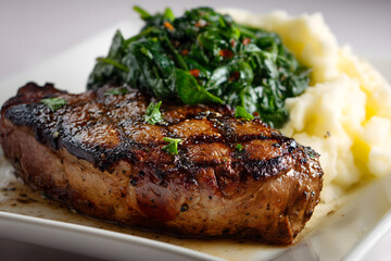 Juicy grilled steak with mashed potatoes and spinach, a delicious gourmet meal.