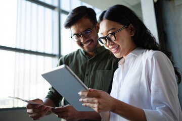 Two Young Professionals Examining Tablet Data with Enthusiasm