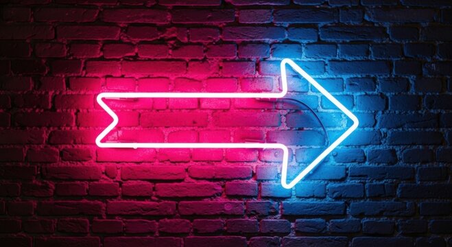 Vibrant neon arrow sign illuminates a textured brick wall with a striking contrast of electric pink and cool blue light