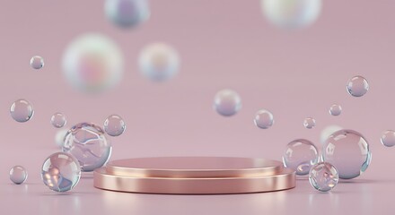Fototapeta premium Podium with Holographic floating liquid blobs, soap bubbles, metaballs.