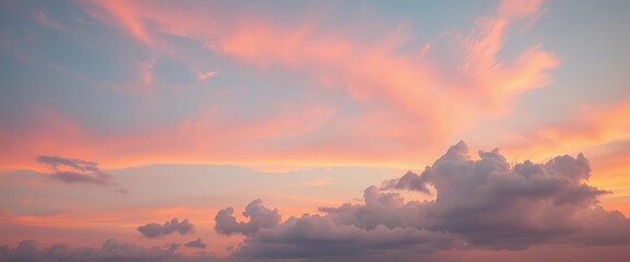 Soft pink and blue sunset sky, fluffy white clouds, warm golden brown horizon, sun, calm