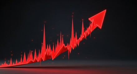 Dynamic red arrow graph illustrates volatile market trends and upward financial growth against a dark moody background