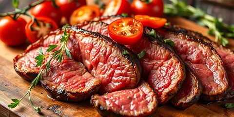 Thinly sliced roasted beef, vibrant herb & tomato garnish,  meat,  food