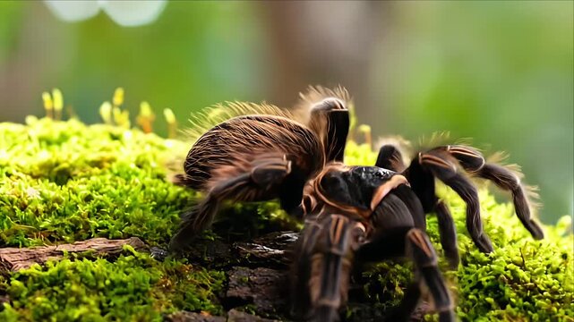 A brown and black tarantula perched on moss-covered log