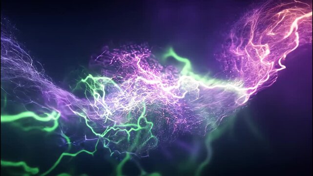 Purple electric light in dark space with vivid green and violet sparks