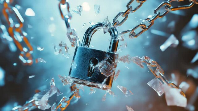 Metal padlock chain broken glass security protection shattering lock close up dynamic motion blue background symbolizing security breach freedom concept dramatic lighting effect