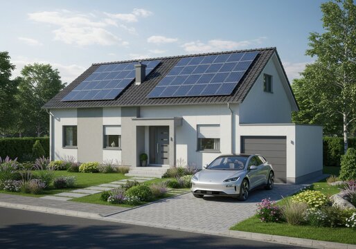 A bright and modern house with solar panels and a car parked in the driveway symbolizing sustainable living - Powered by Adobe