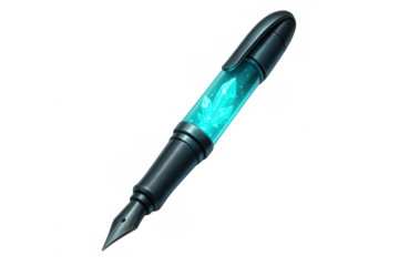 Illustration of a futuristic pen featuring a glowing crystal ink reservoir, isolated on a transparent background