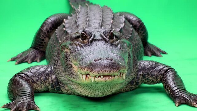 Multiple alligators on a green screen background showing reptilian features, concept for nature documentaries, educational content and wildlife promotions