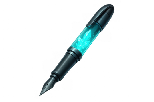 Illustration of a futuristic pen featuring a glowing crystal ink reservoir, isolated on a transparent background
