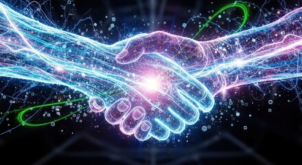 Digital handshake symbolizing global connection and collaboration powered by futuristic technology and interconnected networks