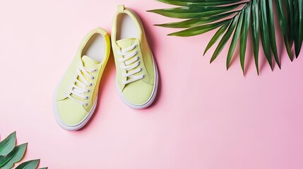 Pale yellow sneakers on a pink background with tropical leaves