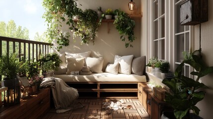 Obraz premium Cozy Balcony Oasis: A Tranquil Retreat Filled with Lush Greenery, Comfy Seating, and Warm Natural Light for Relaxation and Enjoyment