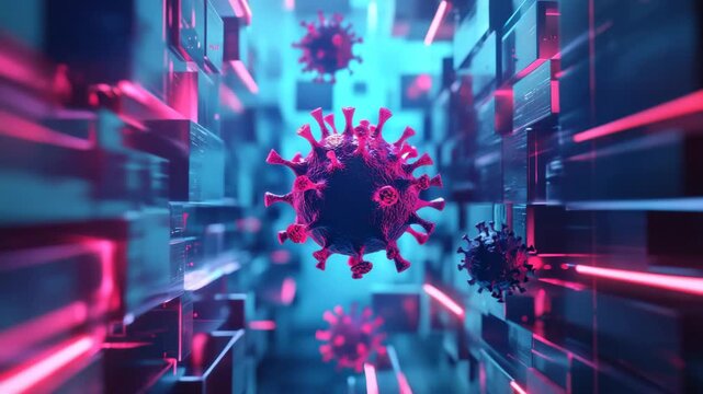 Virus infection microscopic 3d digital glowing futuristic science technology abstract render art medical health pathogen cell biology microbiology epidemic pandemic particle close up neon cyber data - Powered by Adobe