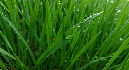 Obraz premium A close up view of vibrant green grass blades covered with glistening water droplets after a rain shower