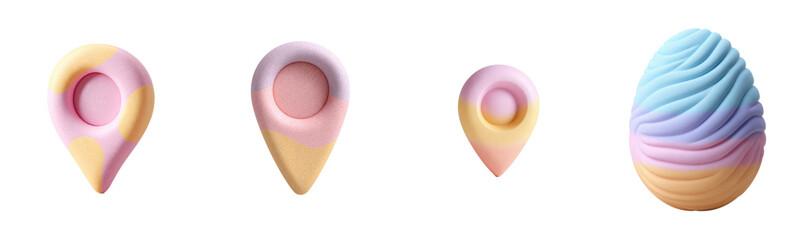 Obraz premium Pastel location markers and egg shape, soft texture. Cute design, abstract concept, modern art, minimalist, pastel aesthetic.