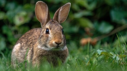 Fototapeta premium A Close-Up Encounter with a Curious Rabbit in a Lush Green Environment, Capturing the Intricacies of Nature and Wildlife Around Us