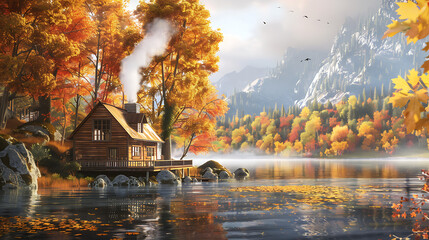 Cozy wooden cabin beside a calm lake surrounded by vibrant autumn foliage with smoke rising from chimney and majestic mountains beyond
