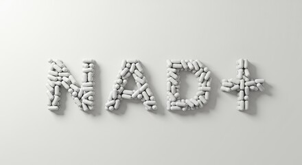 NAD+ sign made from white supplement capsules isolated on white background with copy space. Nicotinamide adenine dinucleotide for anti-aging and longevity.