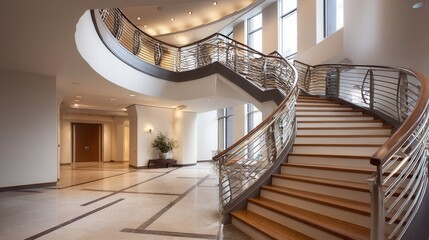 Elegant Interior of a Modern Building Featuring a Grand Spiral Staircase Surrounded by Natural Light and Minimalist Design Elements