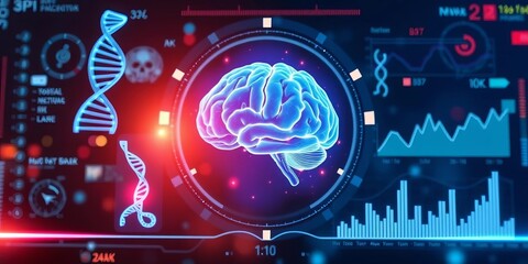 Abstract futuristic medical HUD interface with holographic DNA, brain, and data charts , brain, DNA