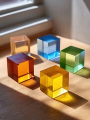 Colorful glass cubes casting shadows in sunlight on wooden surface.