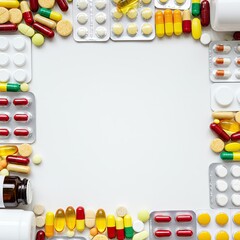 Health and wellness concept. Different supplement, tablet, drug, capsule border frame isolated on white background. Flat lay, top view with copy space