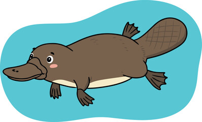 Cartoon platypus swimming in water, cute animal character illustration for kids, educational wildlife vector art, nature design, flat style