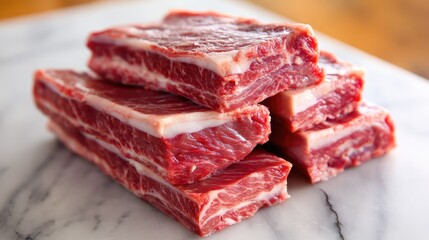 Fototapeta premium Raw ribs stacked neatly on a white marble countertop