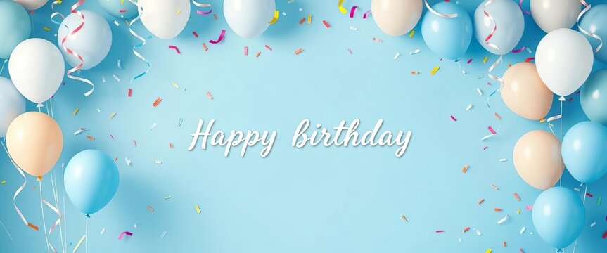 Blue and white celebratory background with balloons, confetti, and a circular frame  Happy birthday theme, happy birthday,  frame