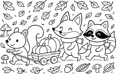 Fototapeta premium Cute fall animals coloring page. Squirrel, fox and raccoon with pumpkin cart and autumn leaves
