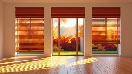 Fototapeta premium Warm Autumn Sunlight Streaming Through Three Large Windows into an Empty Room with Wooden Floors