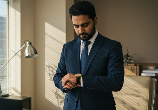 A serious businessman checking the time on his watch in a modern office - Powered by Adobe
