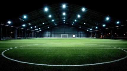 View of synthetic soccer field under glowing artificial dome lights
