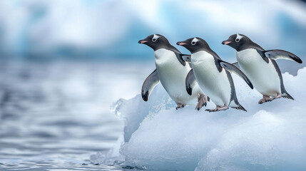 Fototapeta premium Three Adorable Penguins Jumping on Iceberg in Antarctica