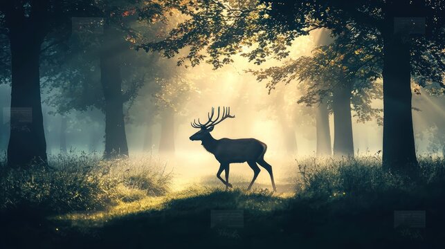 A deer gracefully moving through a dense, misty forest.